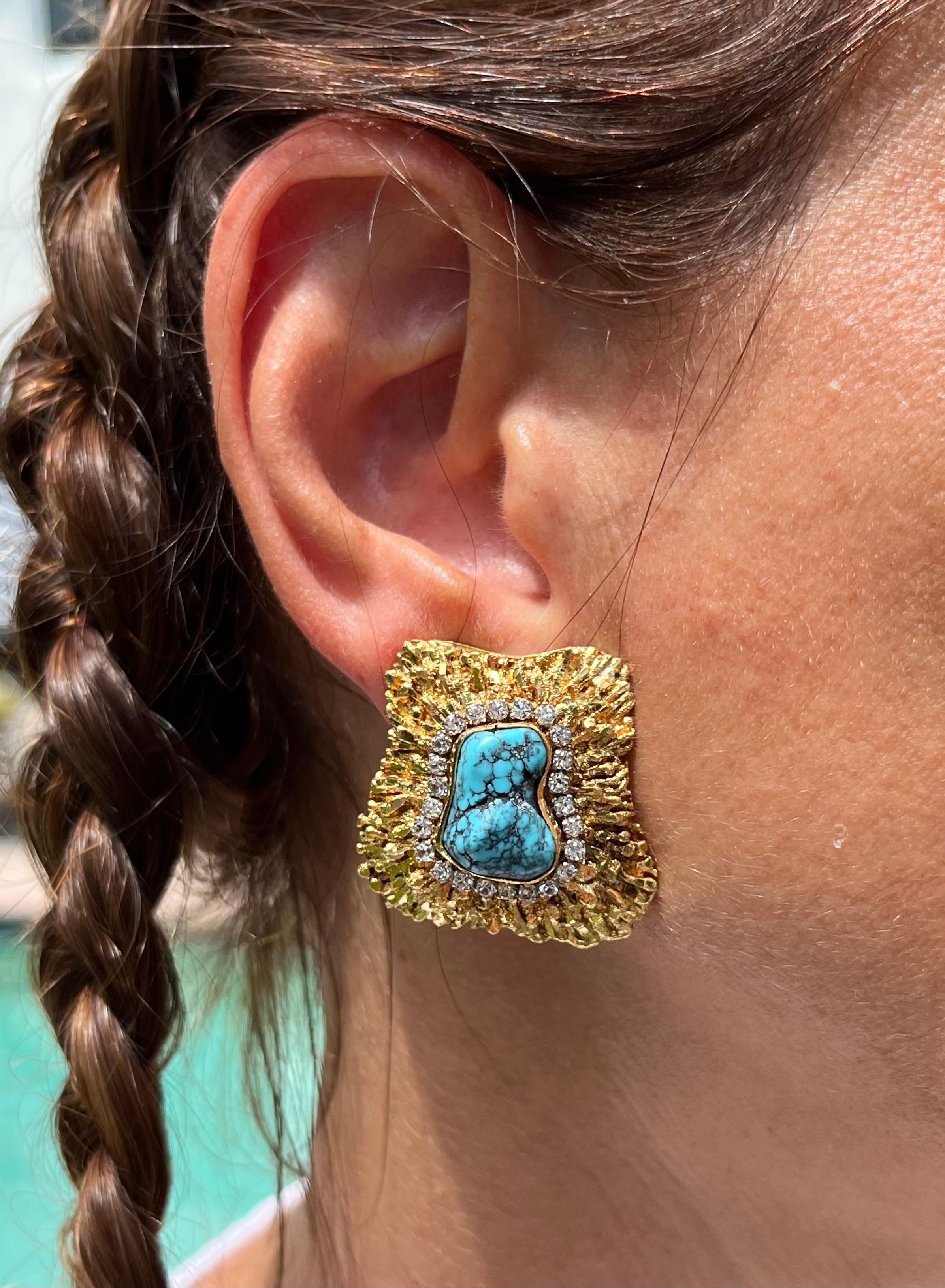 18K Gold Raw Turquoise and Diamond Earring and Ring Set For Sale 5