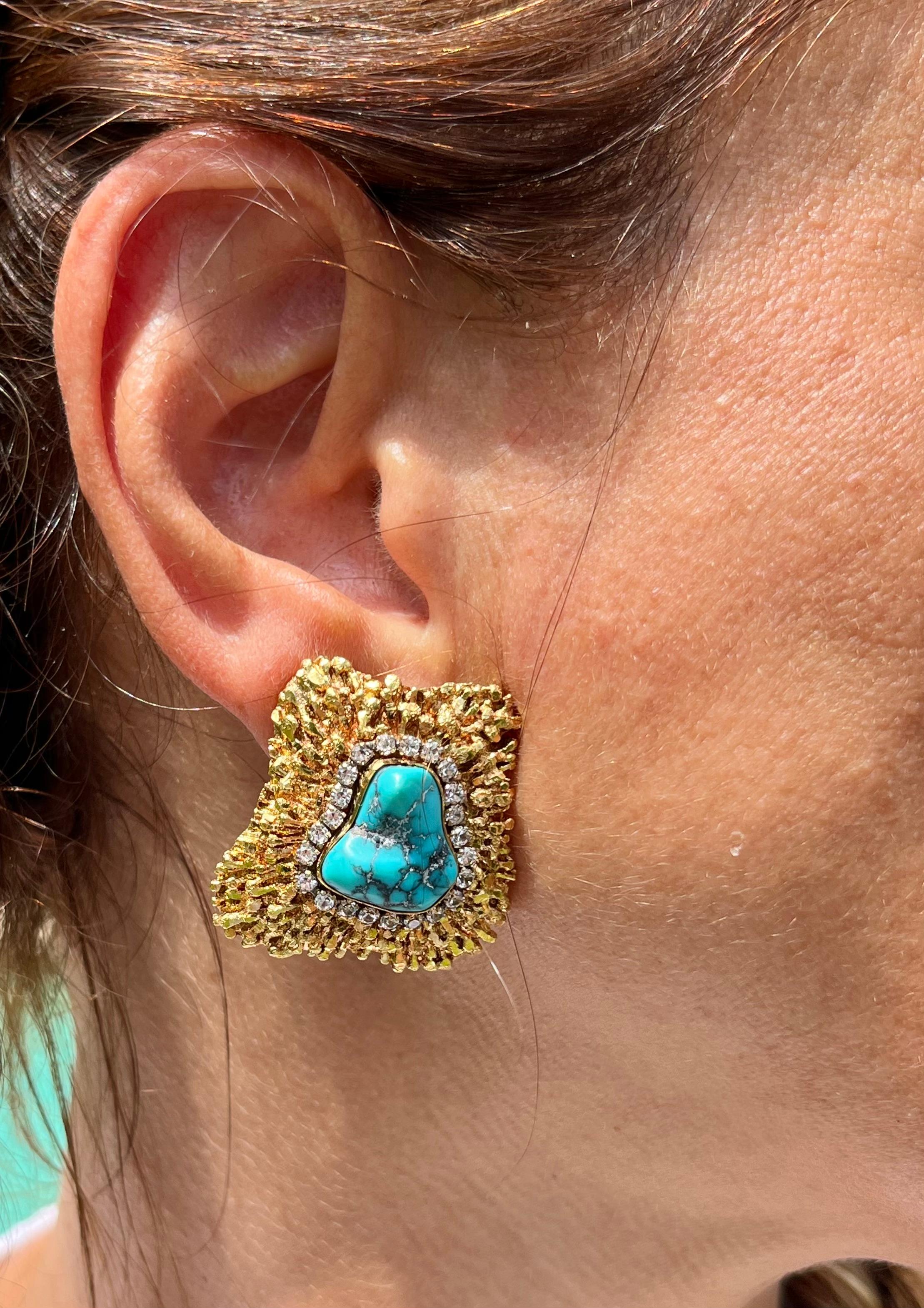 18K Gold Raw Turquoise and Diamond Earring and Ring Set For Sale 6