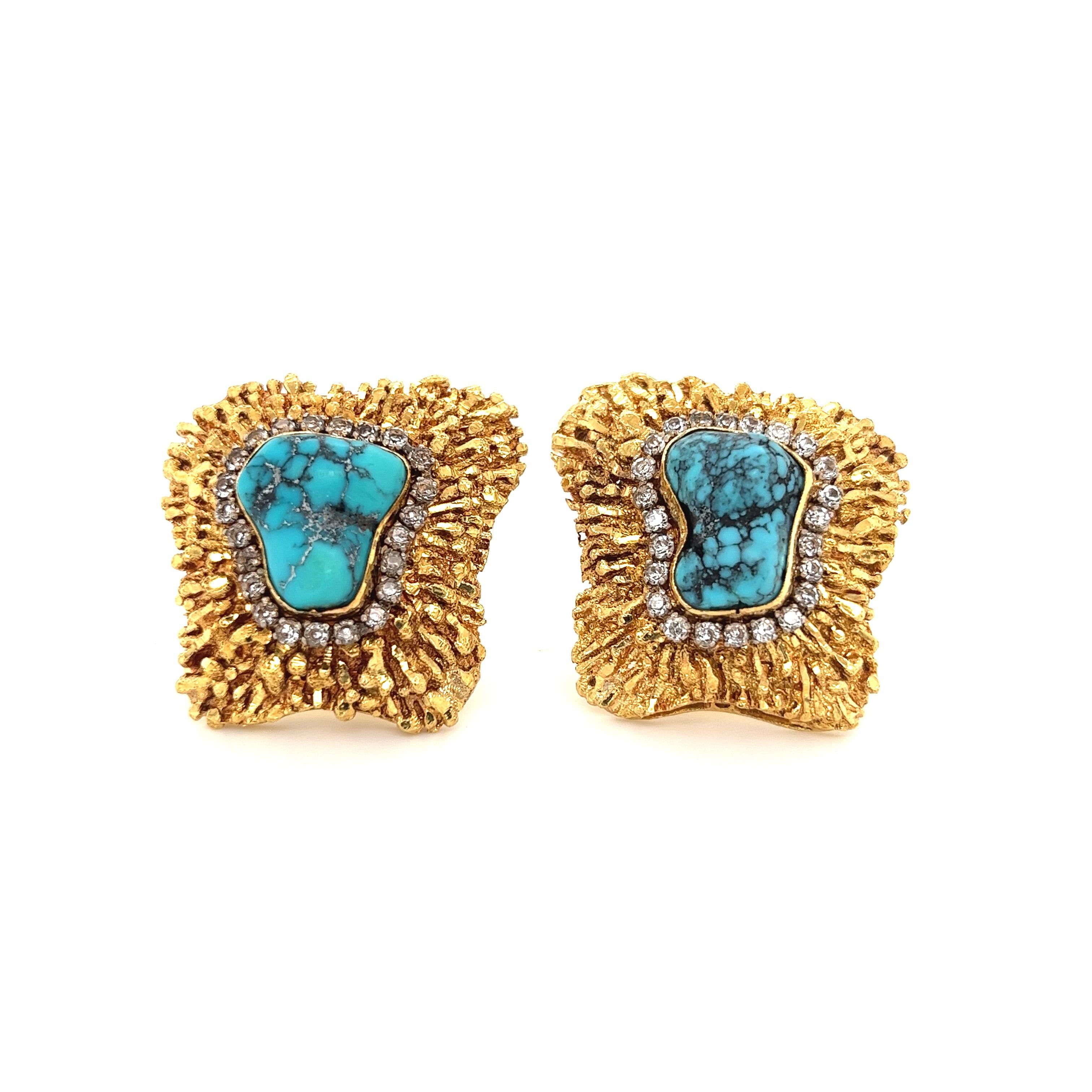 Gorgeous multi-colored Turquoise gemstones set inside a single-cut diamond halo. Mounted in an 18k textured gold finish. A gorgeous display of the meticulous detail and craftsmanship of vintage jewelry. The raw Turquoise is also mounted in a