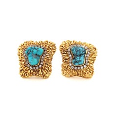 18K Gold Raw Turquoise and Diamond Earring and Ring Set