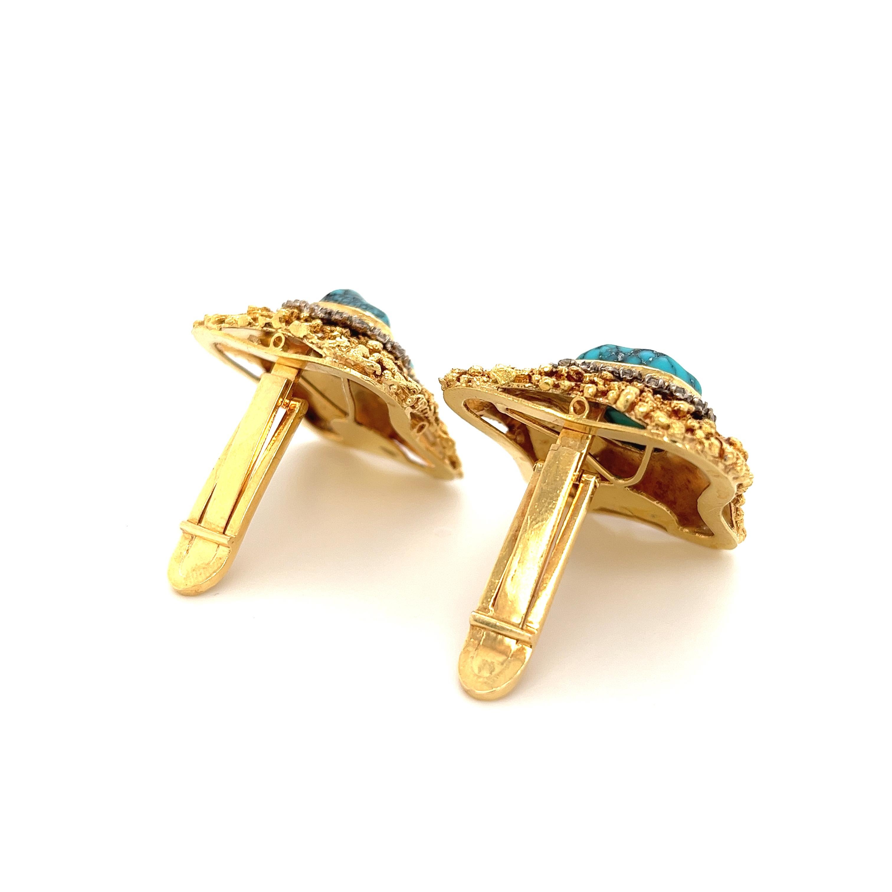 Art Nouveau 18K Gold Raw Turquoise and Diamond Earring and Ring Set For Sale