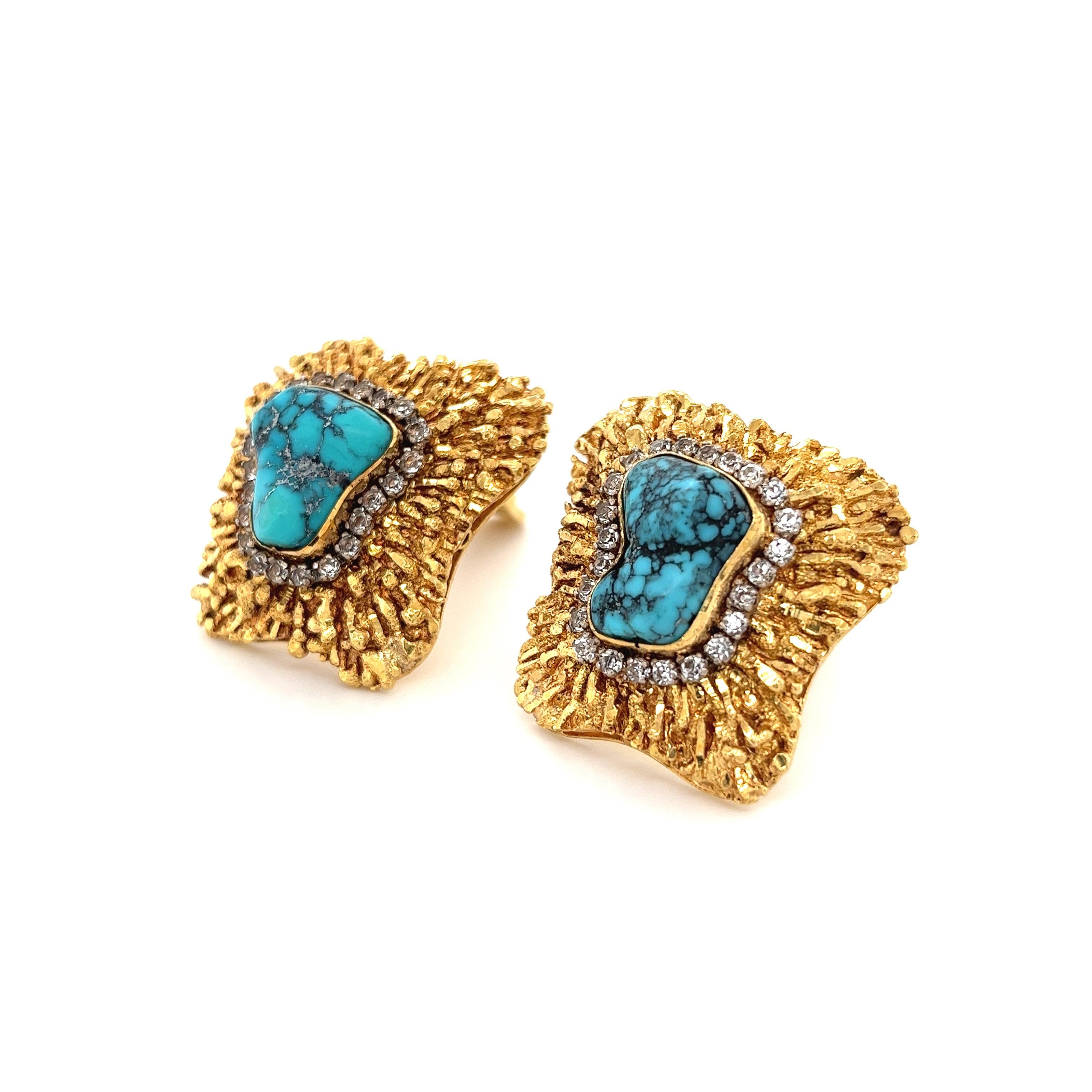 Round Cut 18K Gold Raw Turquoise and Diamond Earring and Ring Set For Sale