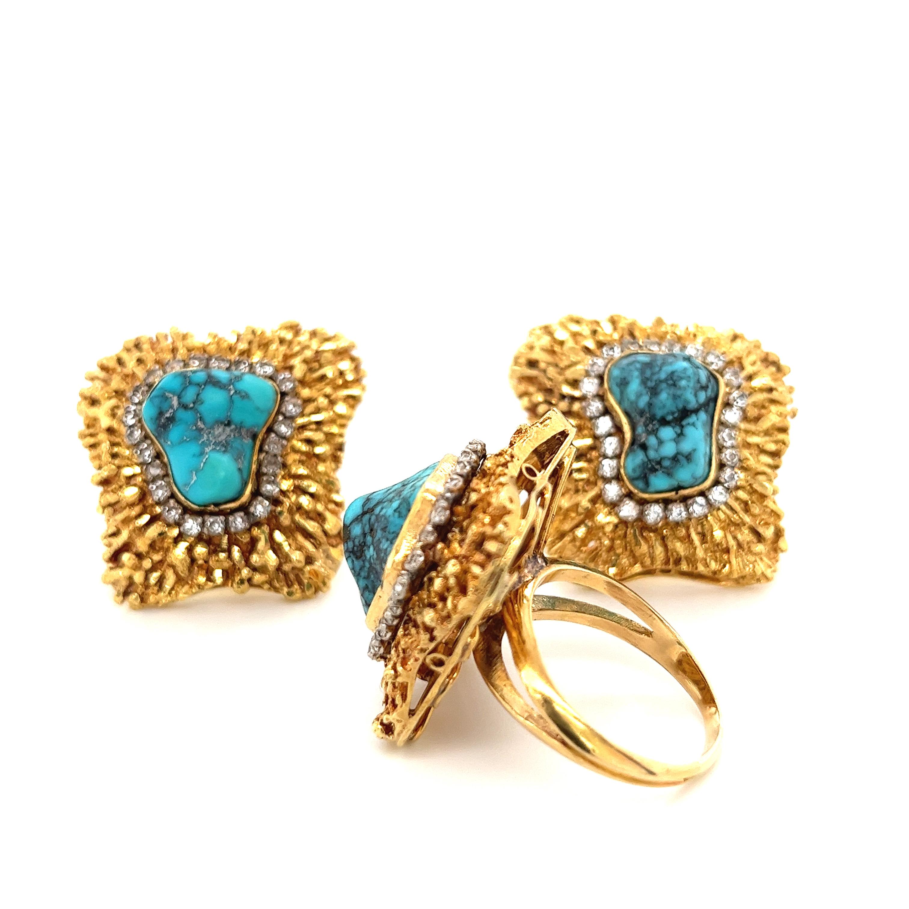 18K Gold Raw Turquoise and Diamond Earring and Ring Set In Excellent Condition For Sale In Miami, FL
