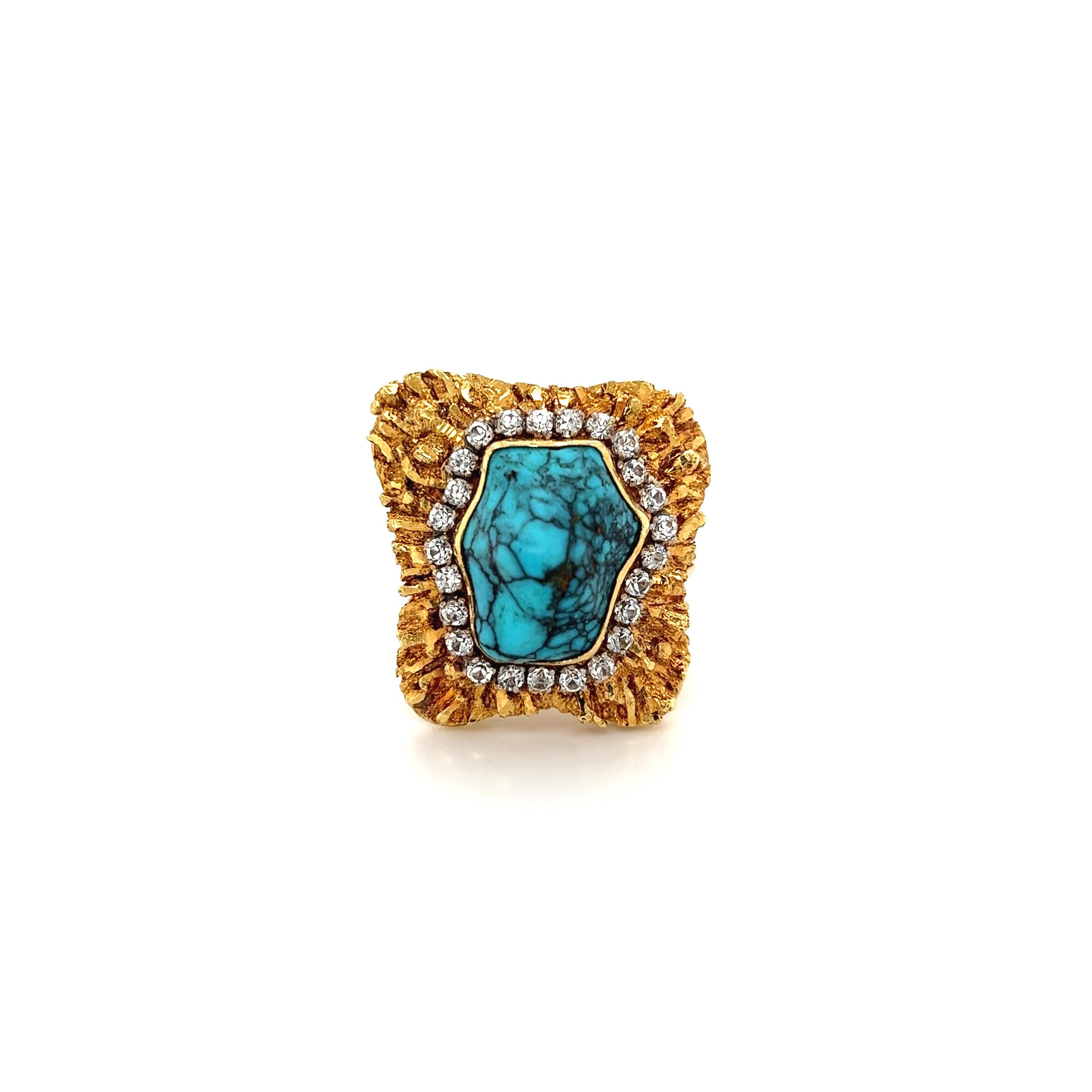 Women's 18K Gold Raw Turquoise and Diamond Earring and Ring Set For Sale