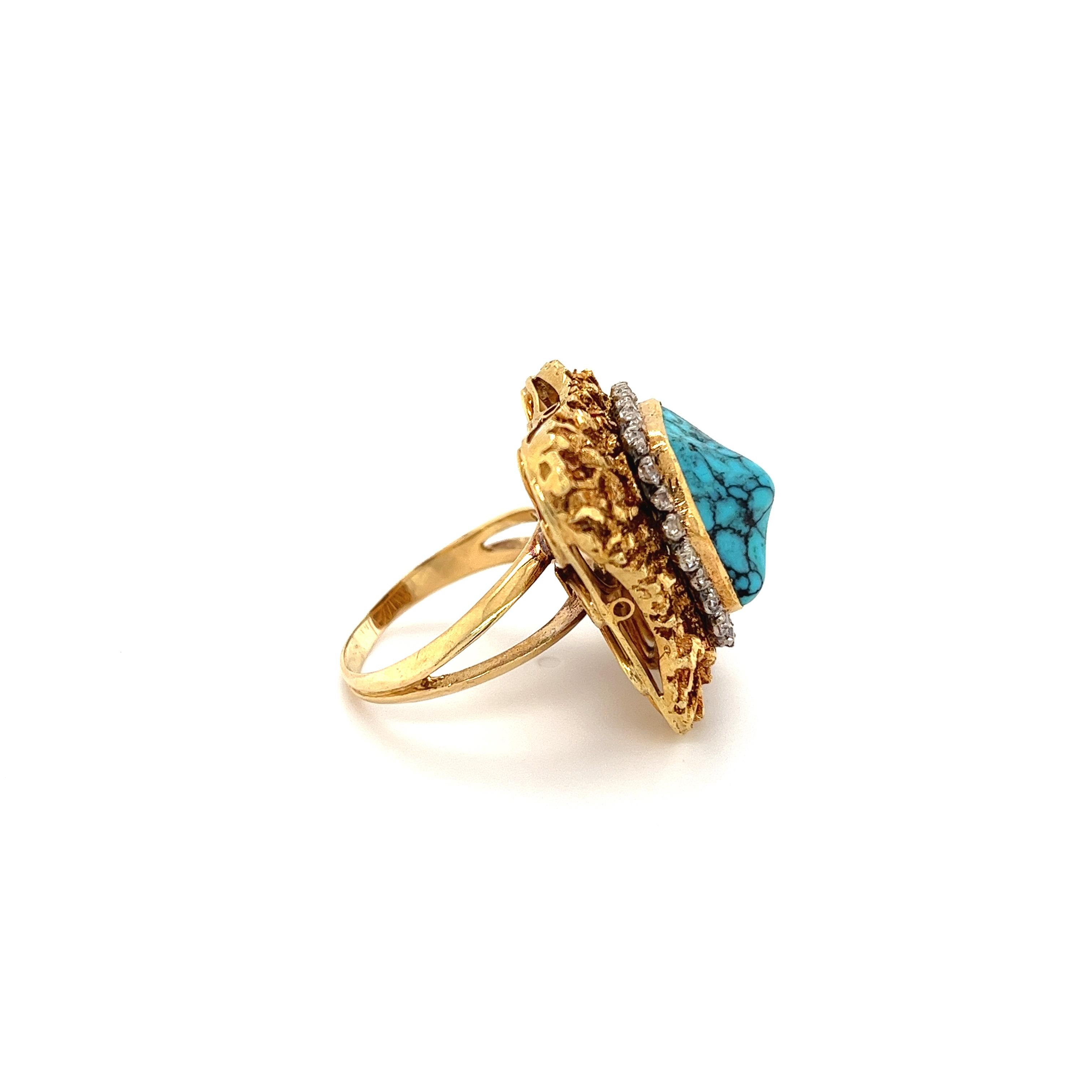 18K Gold Raw Turquoise and Diamond Earring and Ring Set For Sale 1