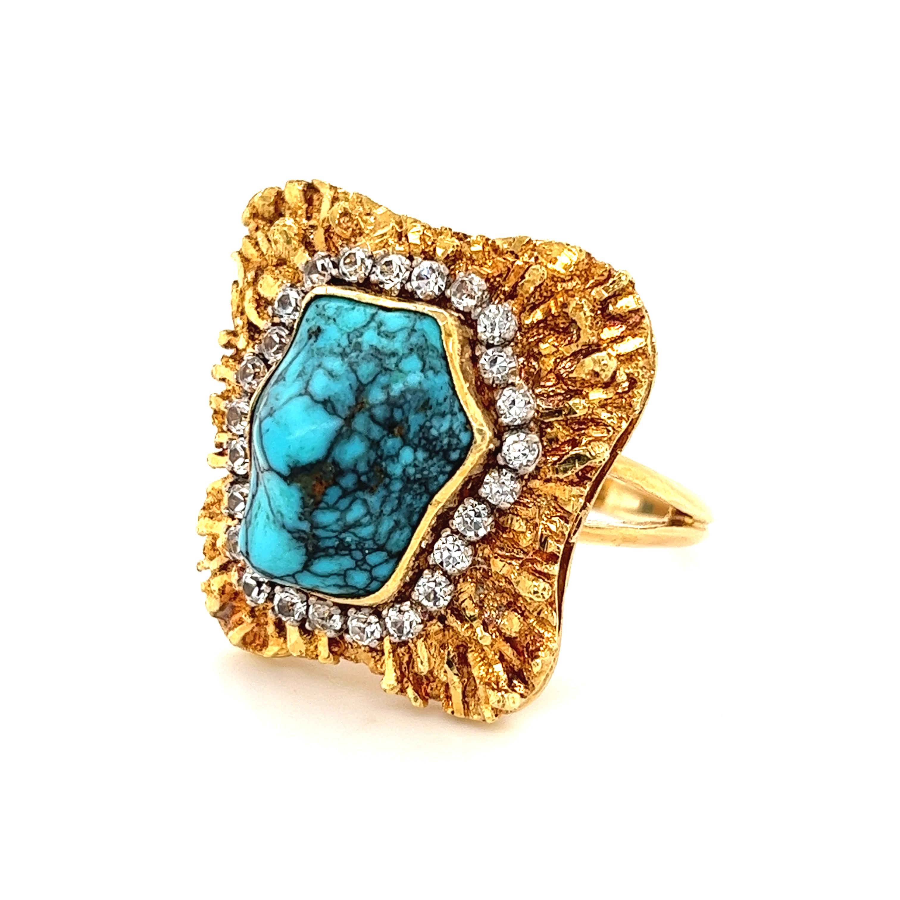 18K Gold Raw Turquoise and Diamond Earring and Ring Set For Sale 2