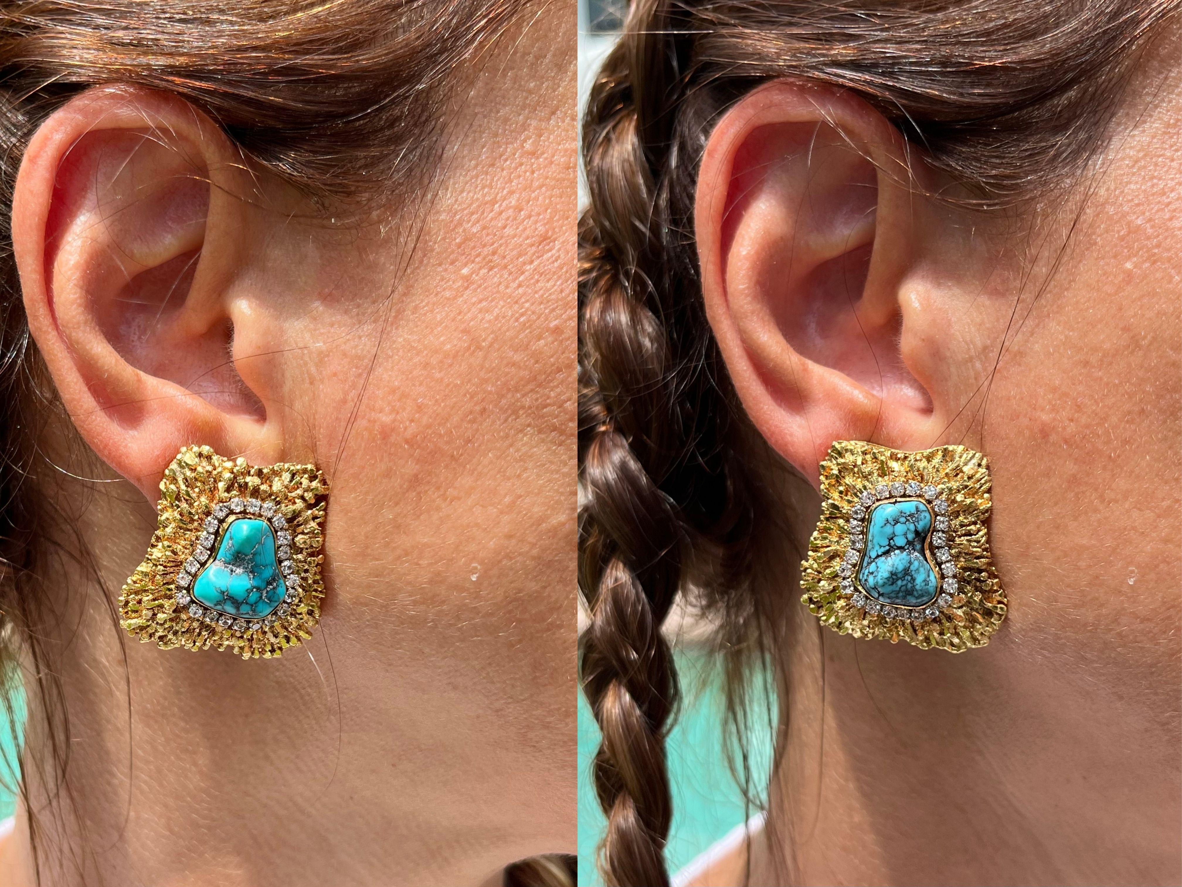 18K Gold Raw Turquoise and Diamond Earring and Ring Set For Sale 3