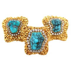 18K Gold Raw Turquoise and Diamond Earring and Ring Set
