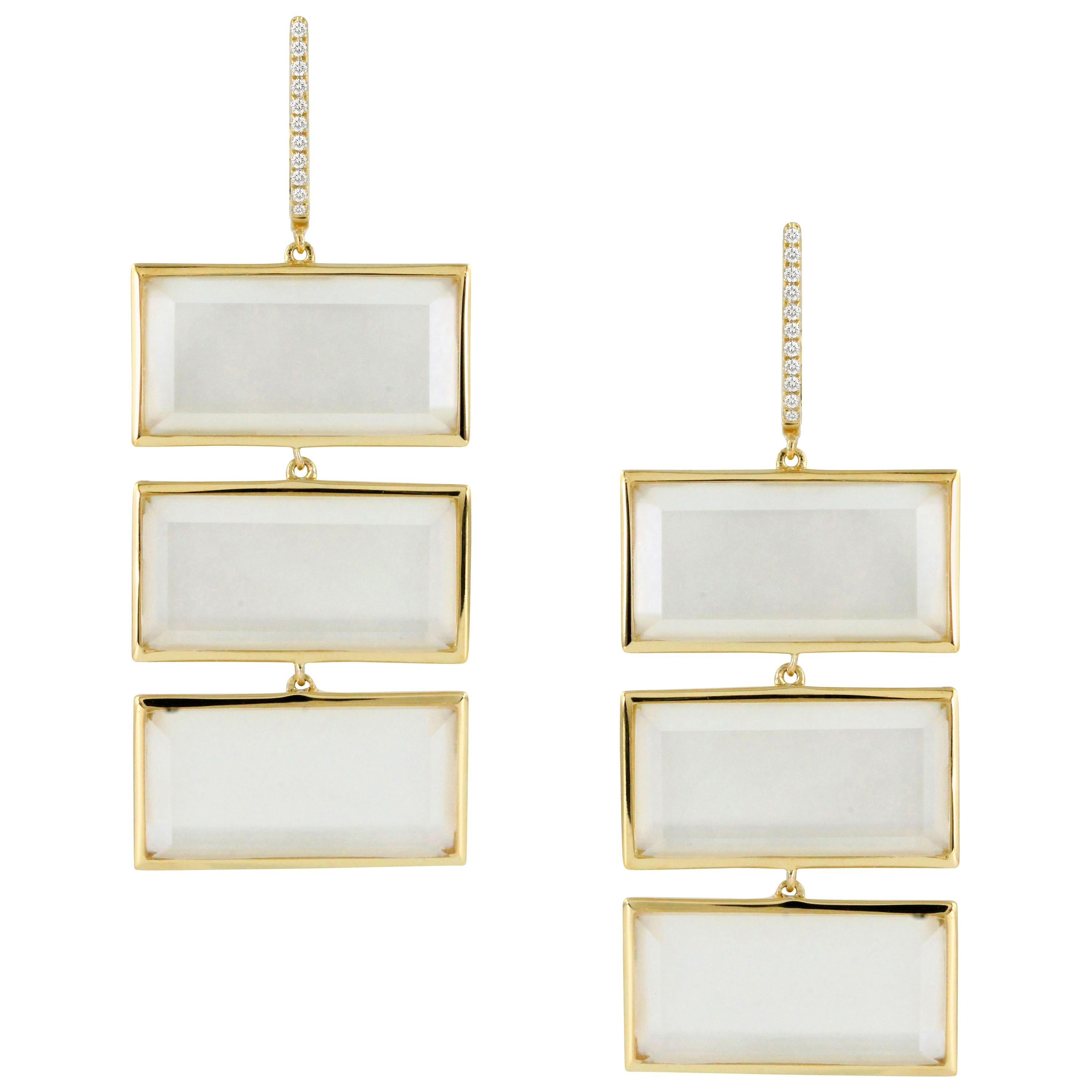 18K Gold Rectangle Drop Earrings with White Mother of Pearl, Quartz and Diamonds For Sale