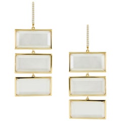 18K Gold Rectangle Drop Earrings with White Mother of Pearl, Quartz and Diamonds