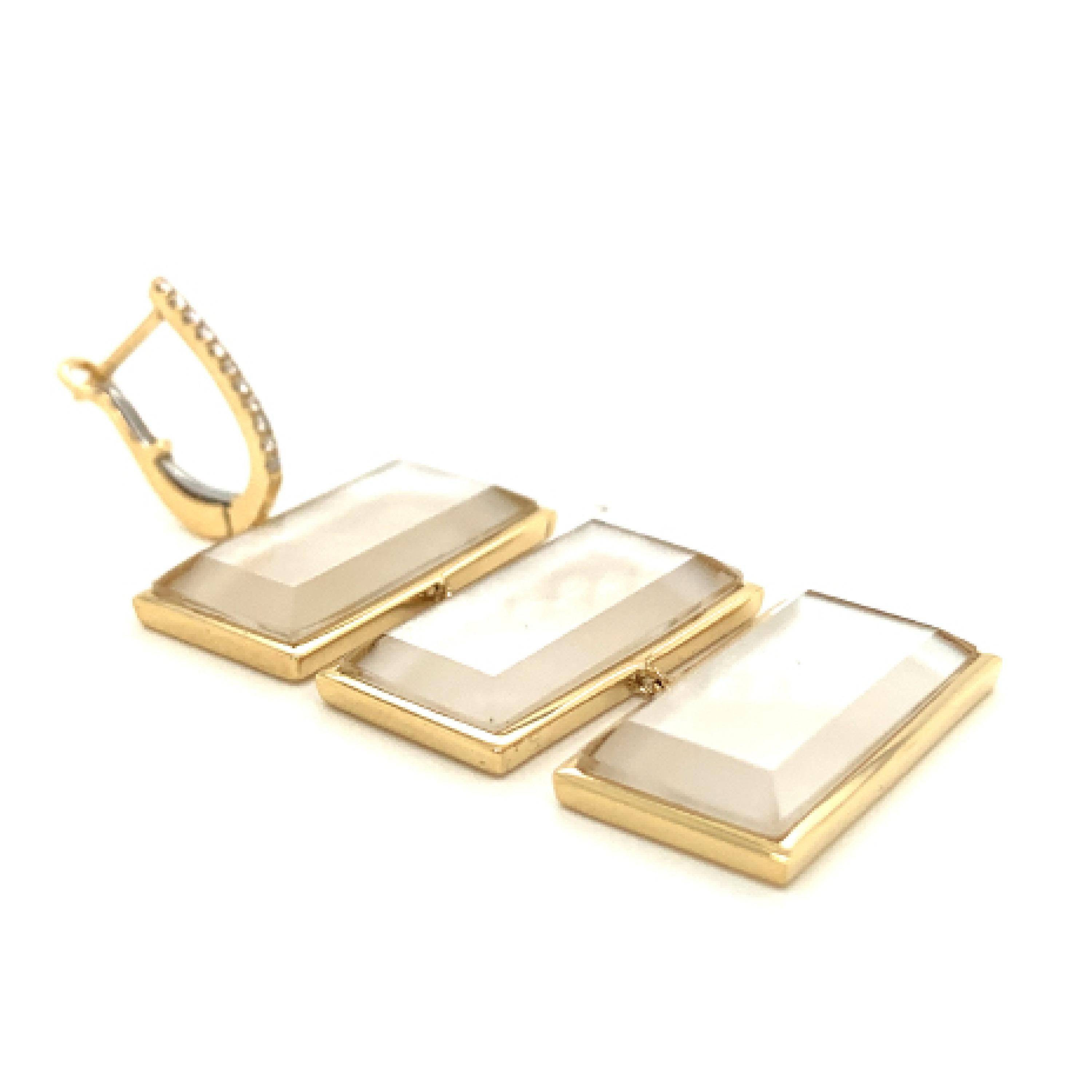 Contemporary 18K Gold Rectangle Drop Earrings with White Mother of Pearl, Quartz and Diamonds For Sale