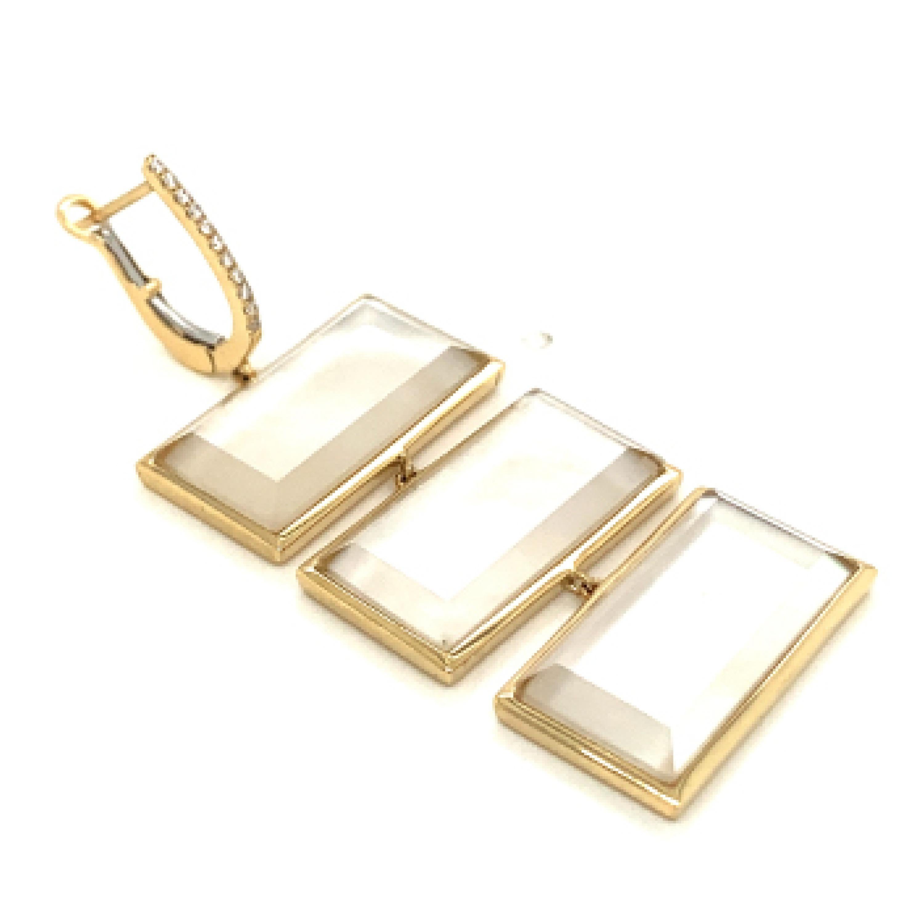 Cabochon 18K Gold Rectangle Drop Earrings with White Mother of Pearl, Quartz and Diamonds For Sale