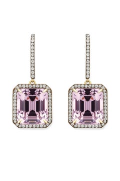 pendientes modernos rectangulares de oro de 18 quilates con kunzita viva natural y gancho de diamantes