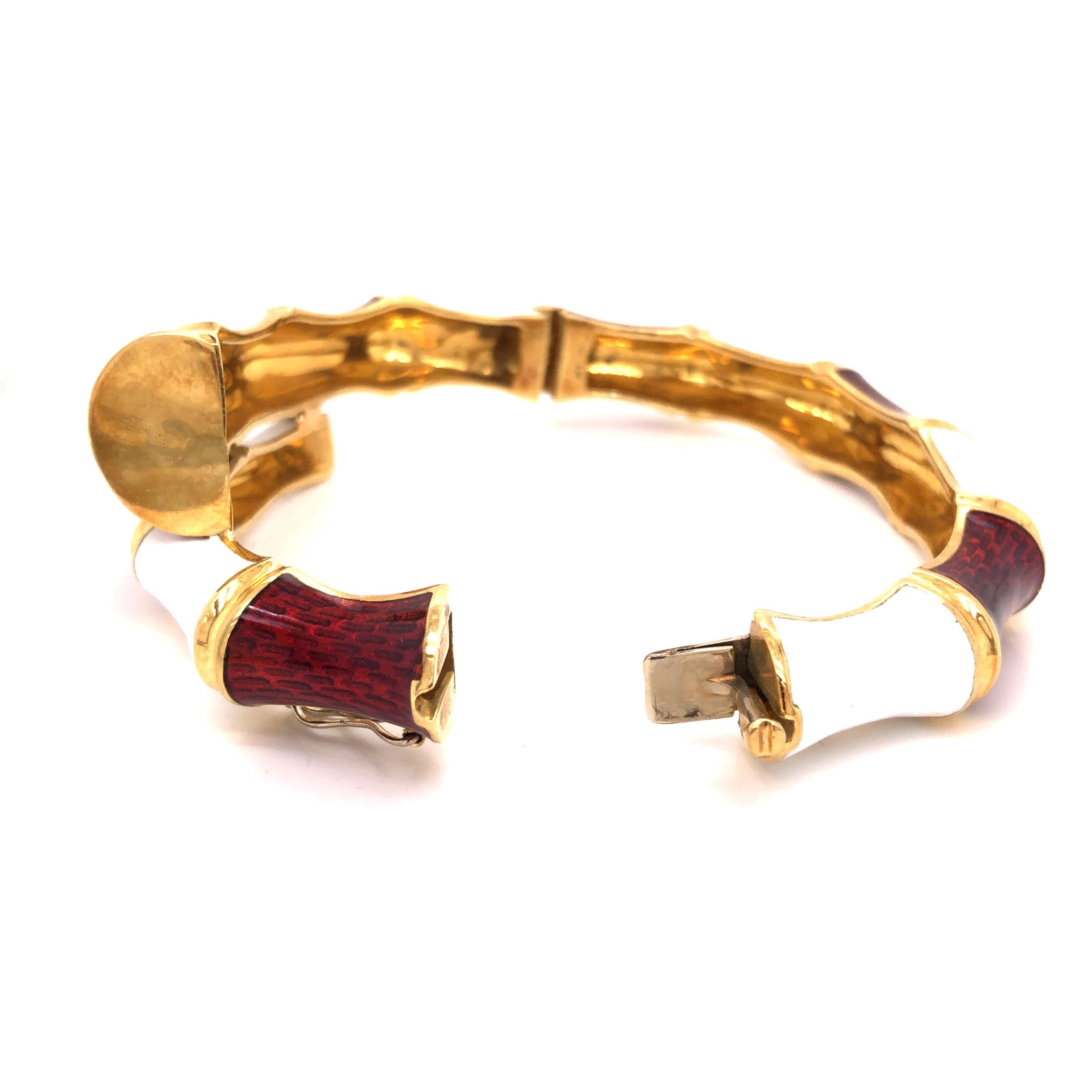 Women's 18 Karat Gold Red and White Enamel Bamboo Bracelet For Sale