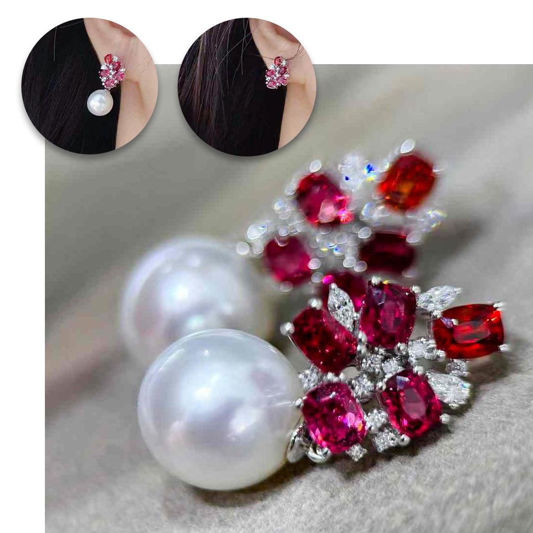 Uncut 【Crown Radiance】Scarlet Bloom Aurora South Sea Pearl Convertible Earrings For Sale