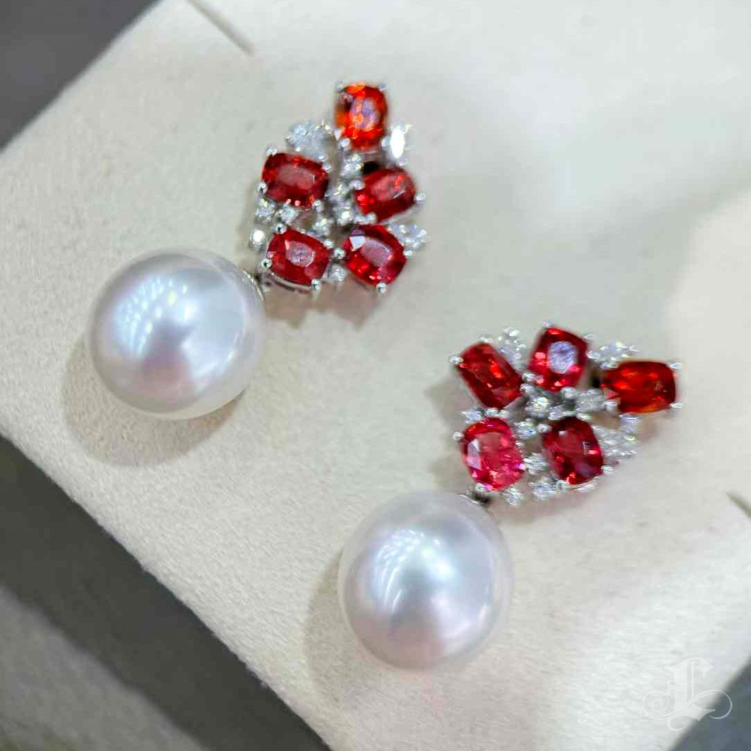 【Crown Radiance】Scarlet Bloom Aurora South Sea Pearl Convertible Earrings For Sale 1