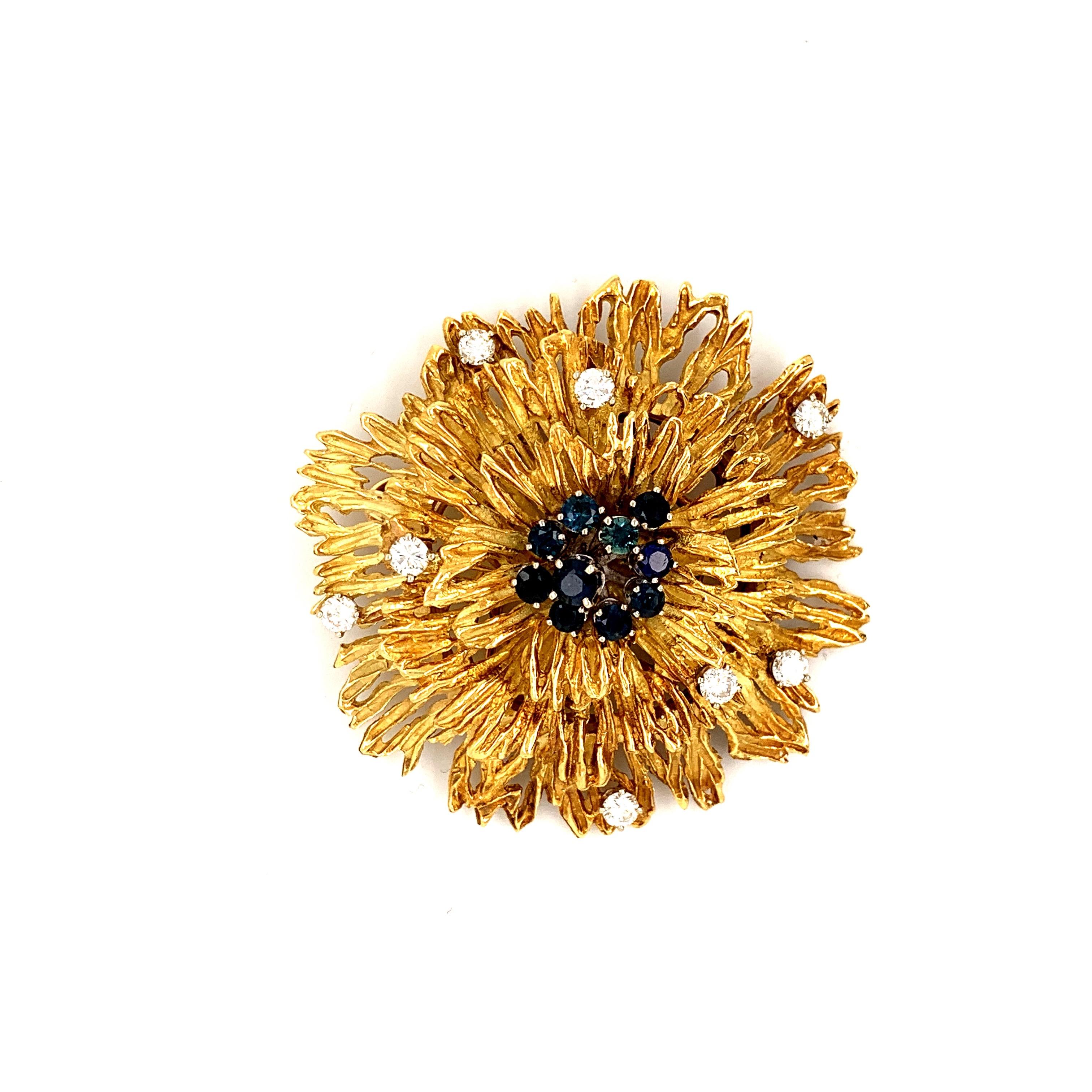 Round Cut 18 Karat Gold Retro Diamond and Sapphire Brooch Pin/Pendant