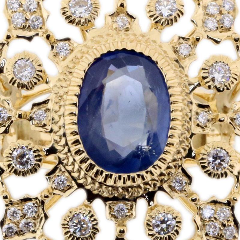 18K Gold Retro Style Oval Sapphire & Diamond Openwork Ring in Florentine Finish 4