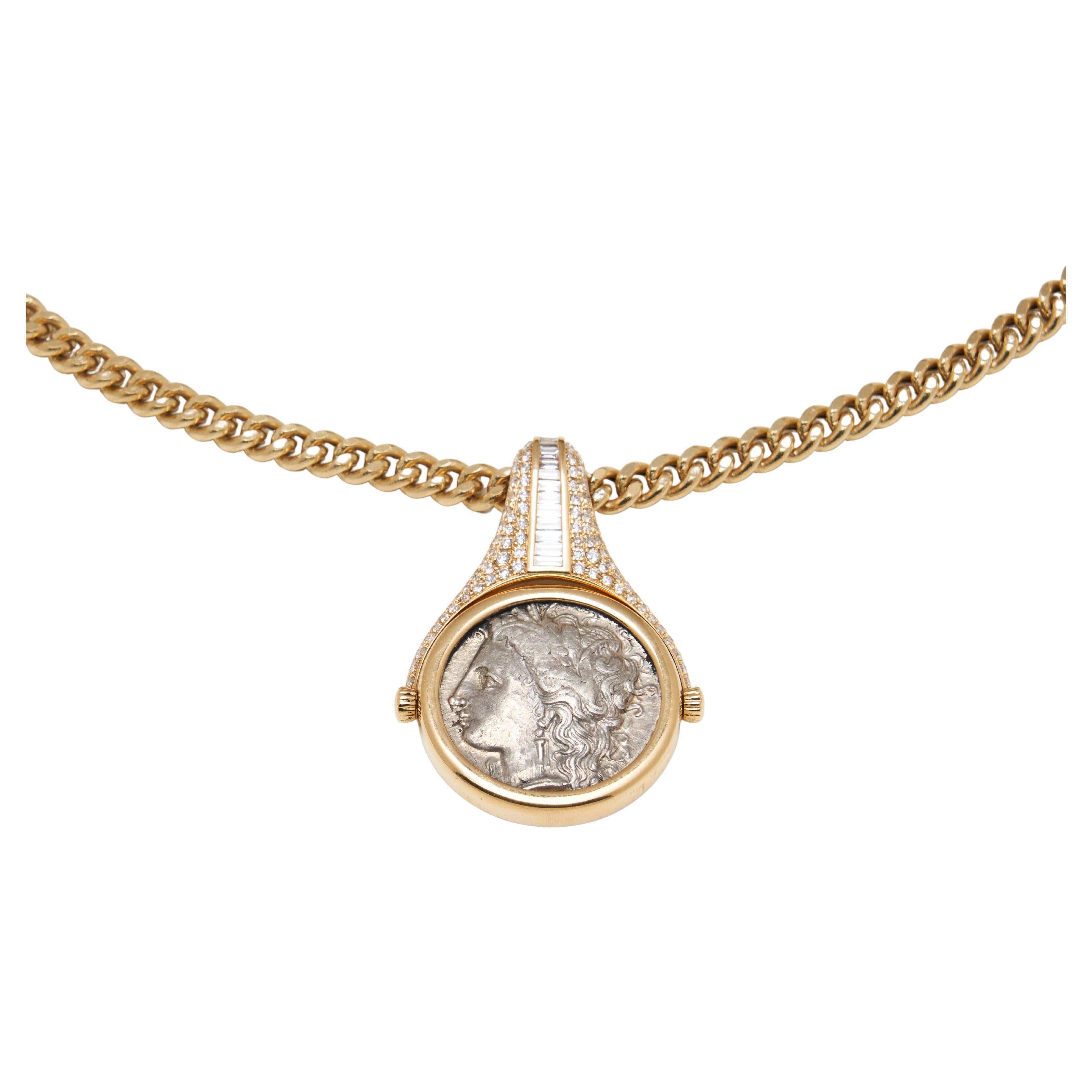 18k Gold Reversible Demeter Coin Necklace with Diamonds For Sale