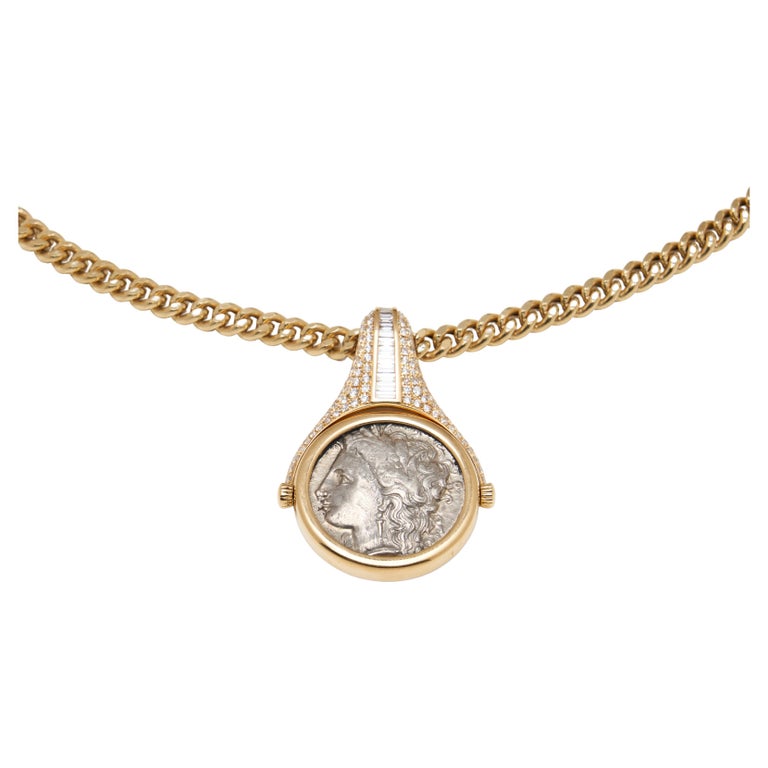 18k Gold Reversible Demeter Coin Necklace with Diamonds For Sale at 1stDibs