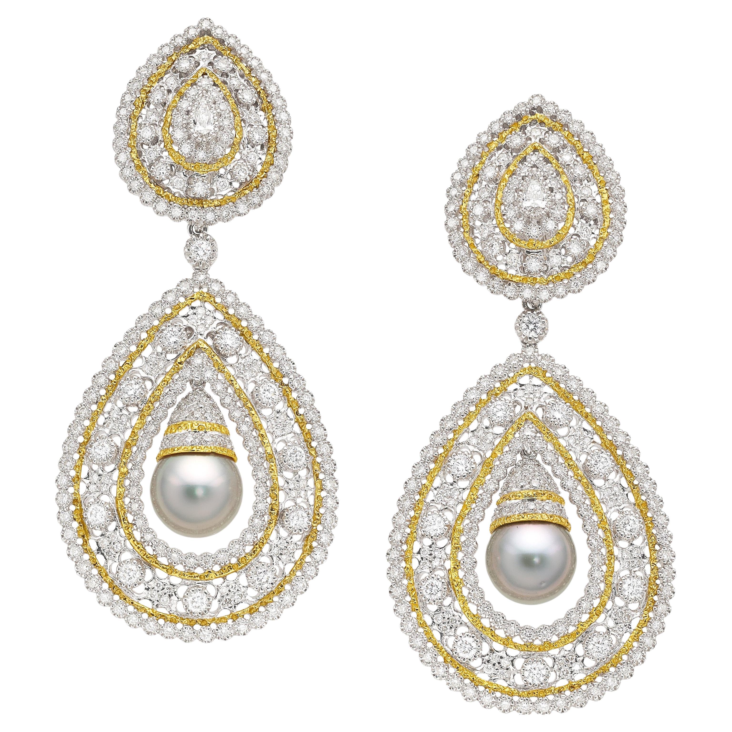 18k Gold & Rhodium Convertible Day/Night Earrings with Pearls & 7.5ct Diamonds