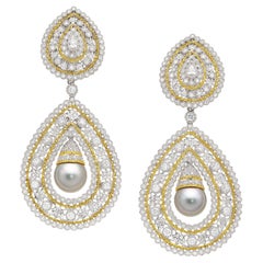 Boucles d'oreilles convertibles jour et nuit en or 18 carats et rhodium avec perles et diamants de 7,5 carats
