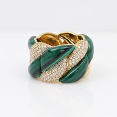 18k Gold Ring Band Yellow Gold with Natural Diamonds And Green Malachite