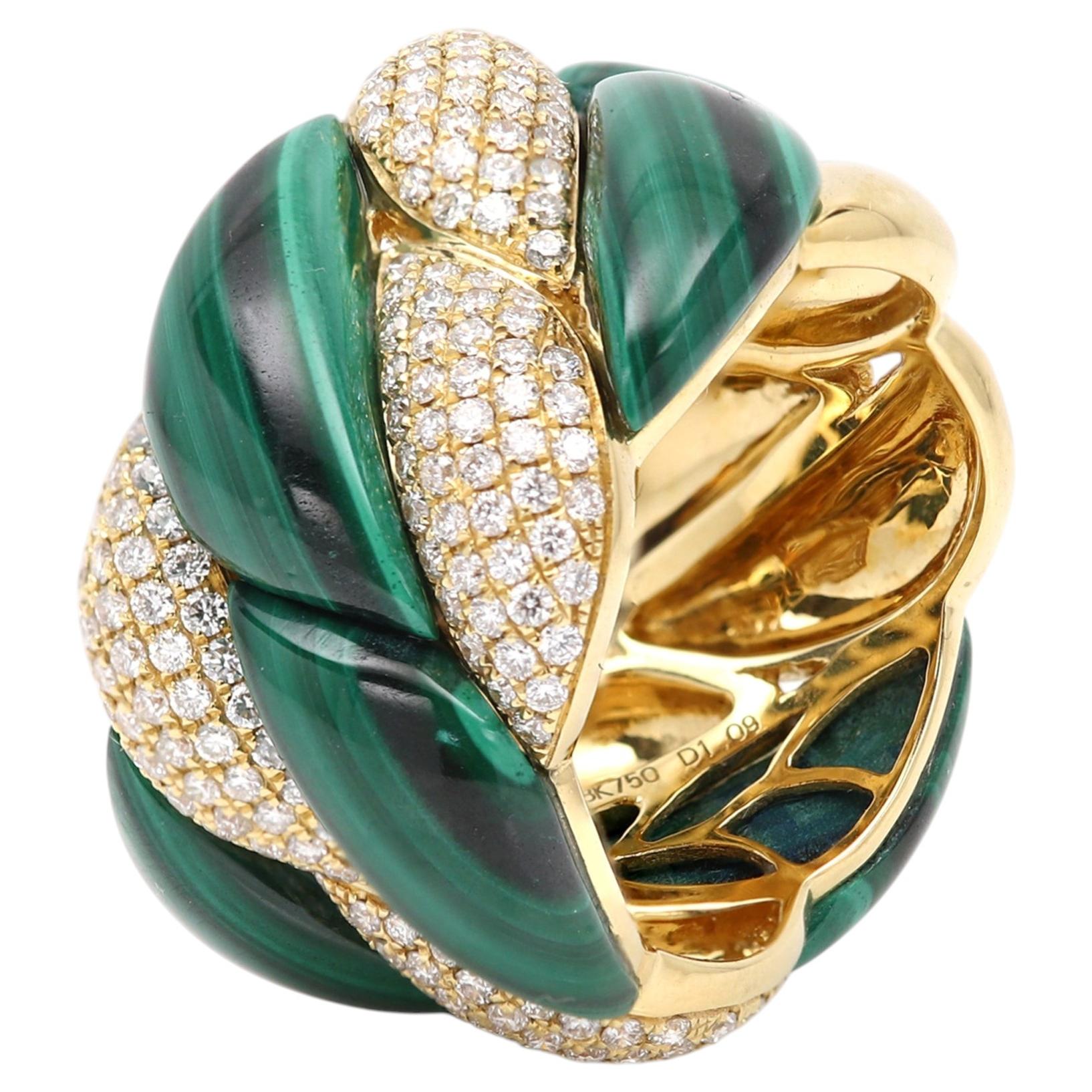 18k Gold Ring Band Yellow Gold with Natural Diamonds And Green Malachite