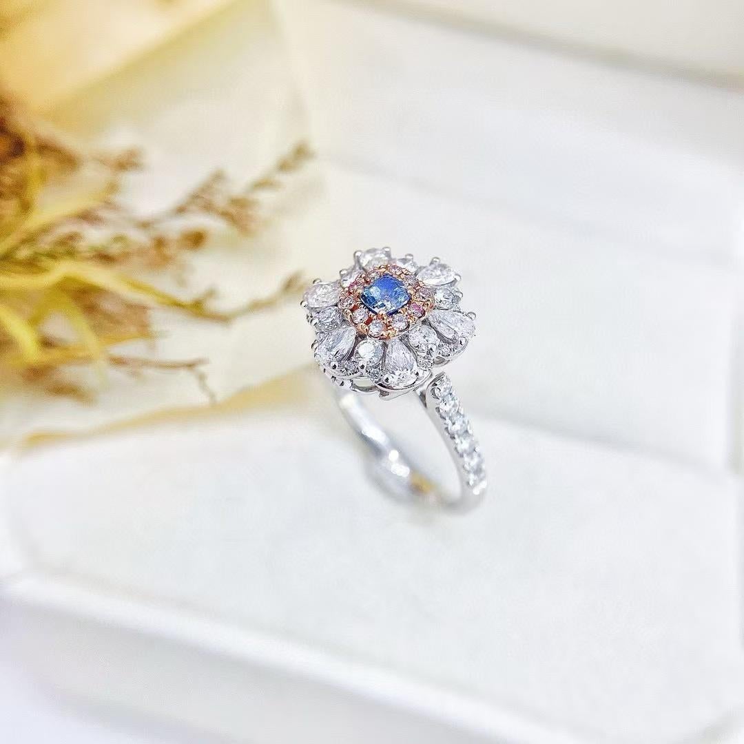 Women's or Men's 18K Gold Ring Convertible Cushion Cut Blue Diamond Teardrop Floral Design For Sale