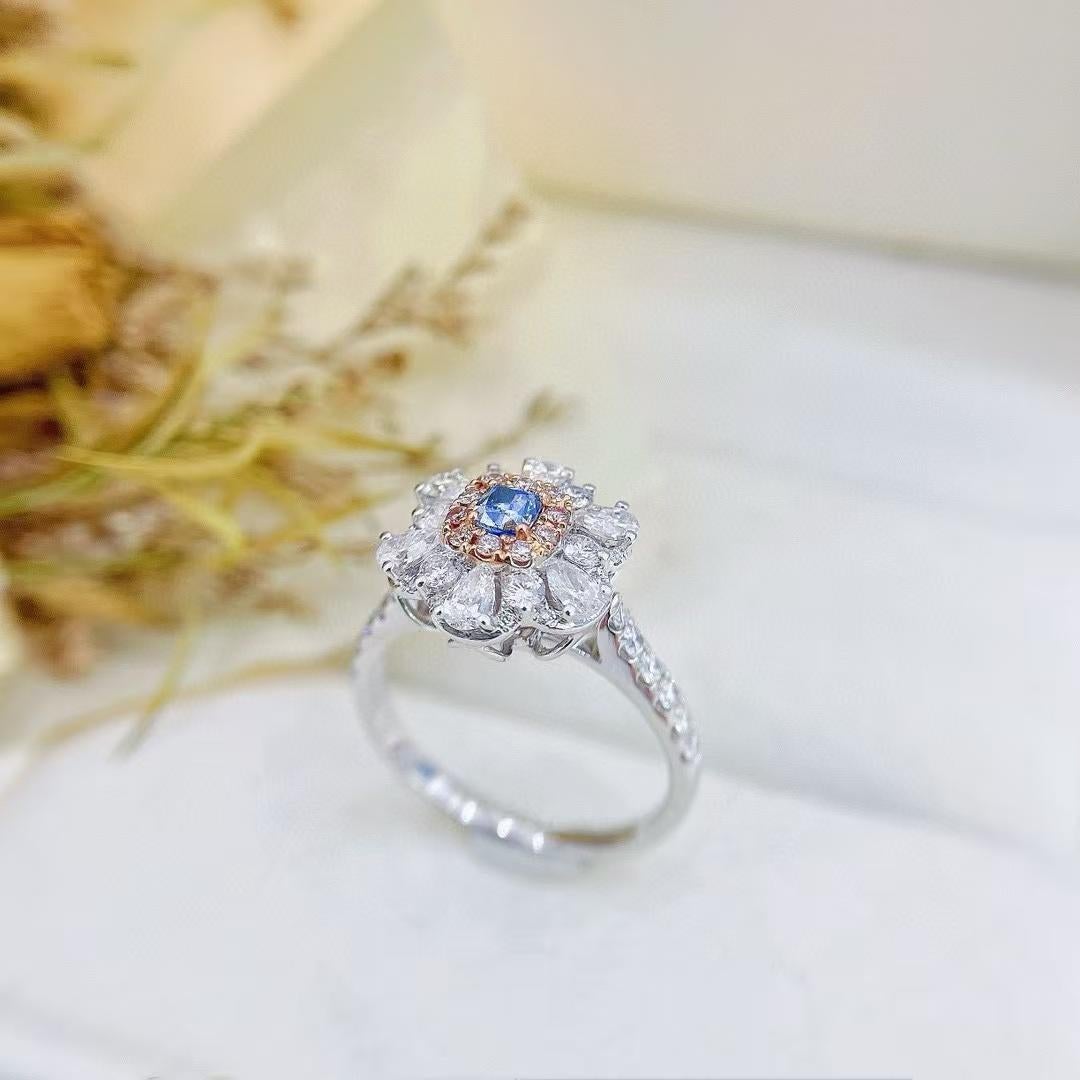 18K Gold Ring Convertible Cushion Cut Blue Diamond Teardrop Floral Design For Sale 1