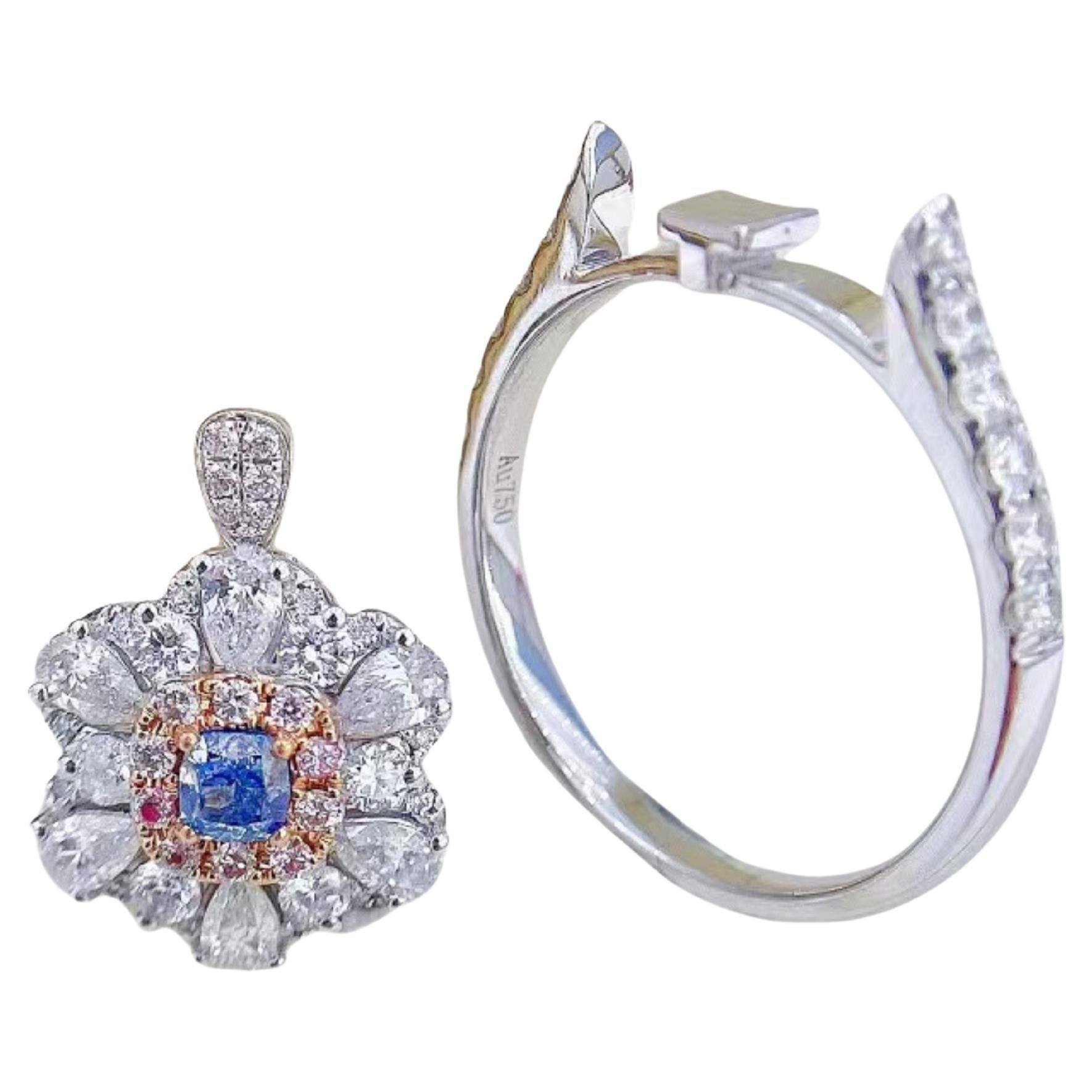 18K Gold Ring Convertible Cushion Cut Blue Diamond Teardrop Floral Design