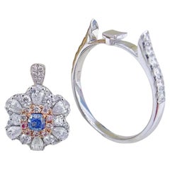 18K Gold Ring Convertible Cushion Cut Blue Diamond Teardrop Floral Design