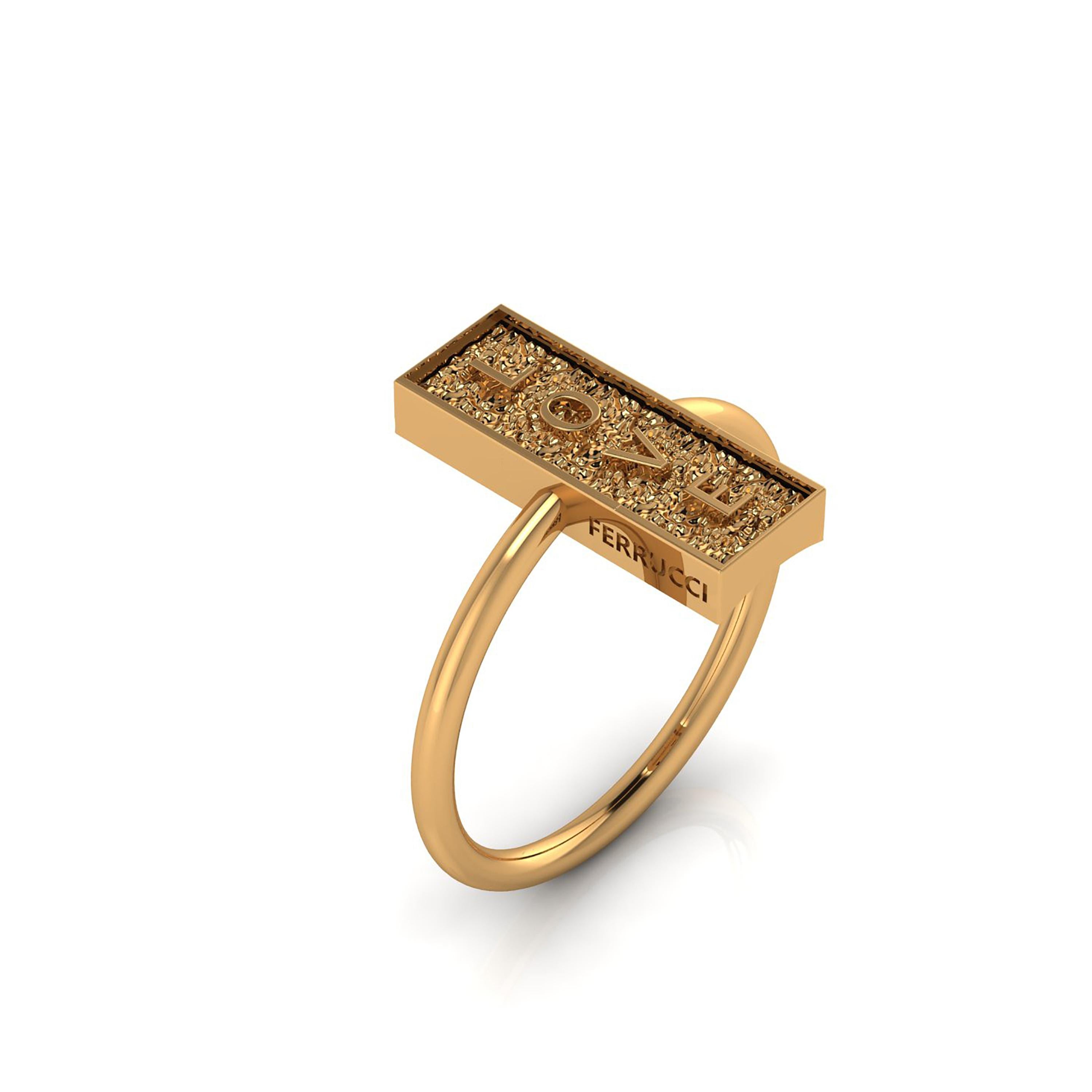 FERRUCCI the Love Rock ring, conceived in 18k yellow gold, a new way to bring with you the classy, beautiful 18k yellow gold, everlasting in time, modern and bold shapes combined with the organic surface of rocks. Symbolizing everlasting Love