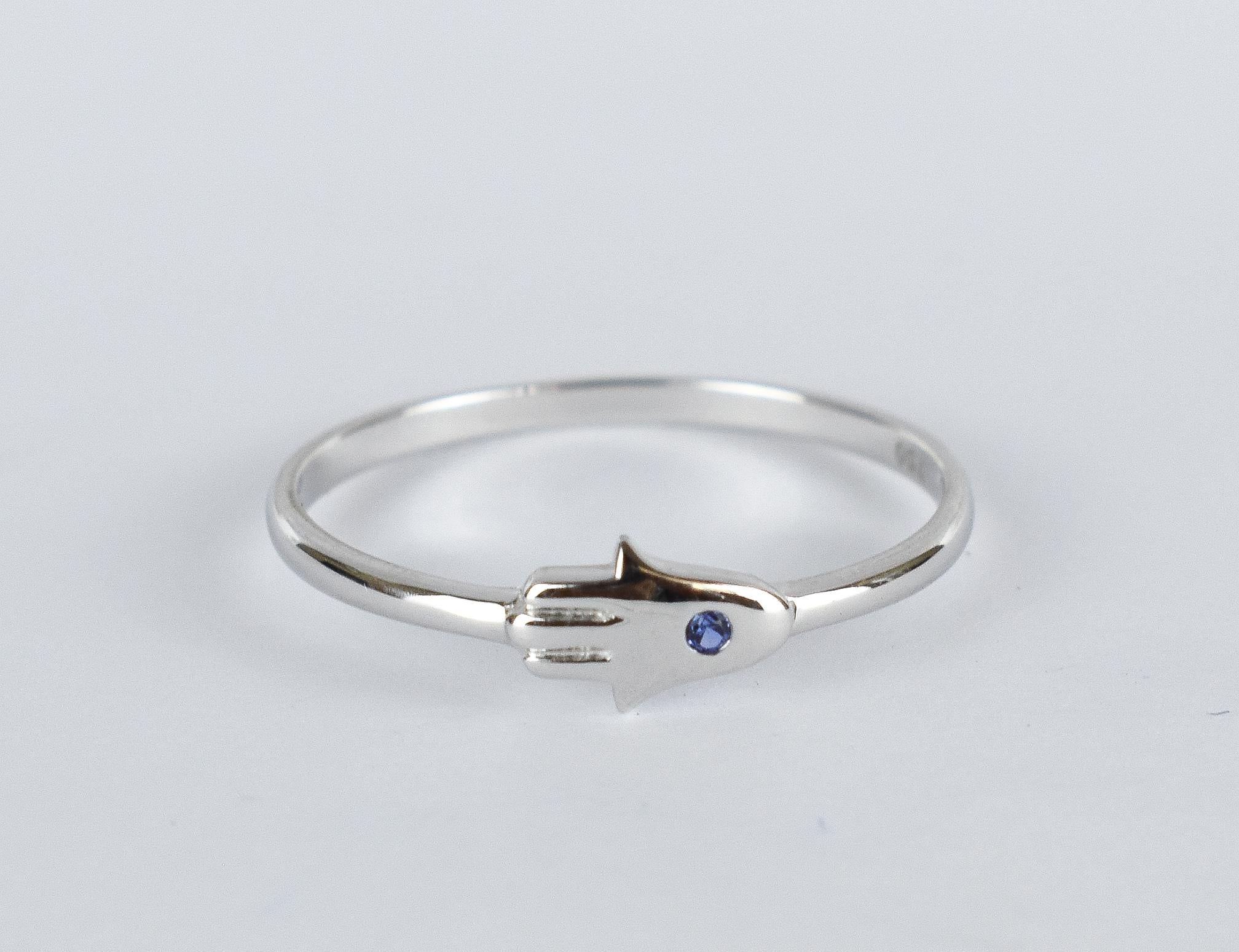 For Sale:  18k Gold Ring Hamsa Hand Ring Natural Blue Sapphire Ring Hand of Fatima Ring 3