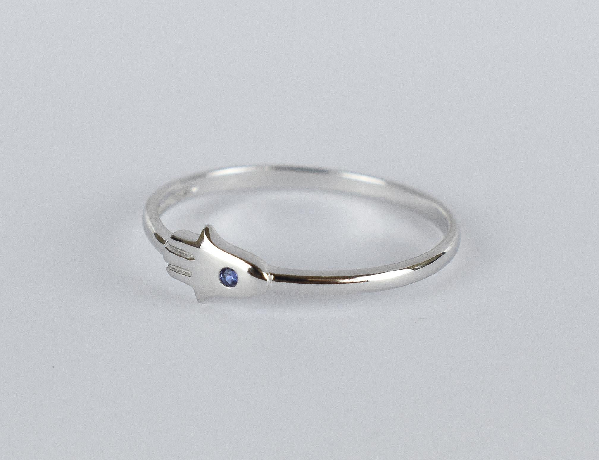 For Sale:  18k Gold Ring Hamsa Hand Ring Natural Blue Sapphire Ring Hand of Fatima Ring 4