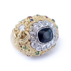18k Gold Ring Sapphire Diamonds Gem-Set Garden Motif Featuring a Nightingale