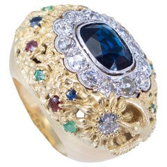 18k Gold Ring Sapphire Diamonds Gem-Set Garden Motif Featuring a Nightingale