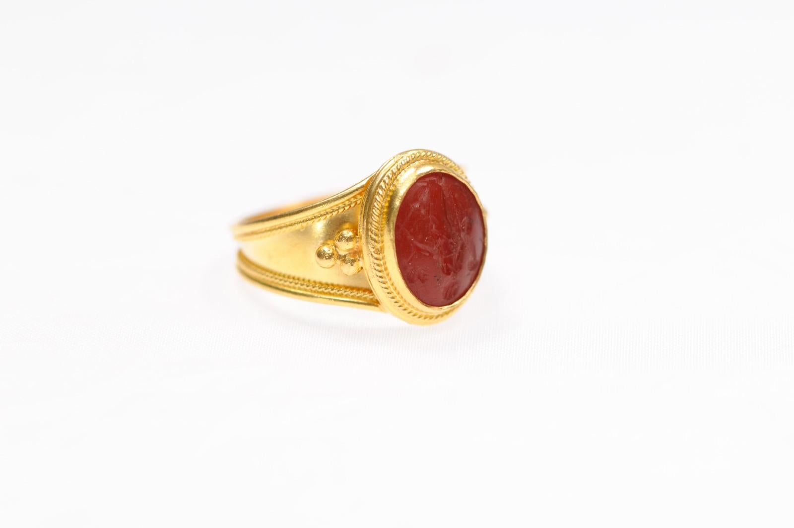 Classical Greek 18K Gold Ring w Venus Intaglio For Sale