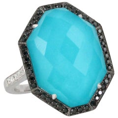 18K Gold Ring w/White Topaz, Natural Arizona Turquoise, Black and White Diamonds