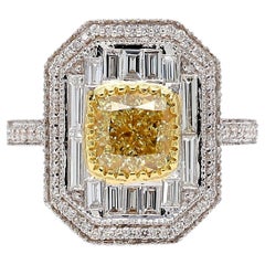18k Gold Ring with 1.66ct Yellow Diamond and White Halo