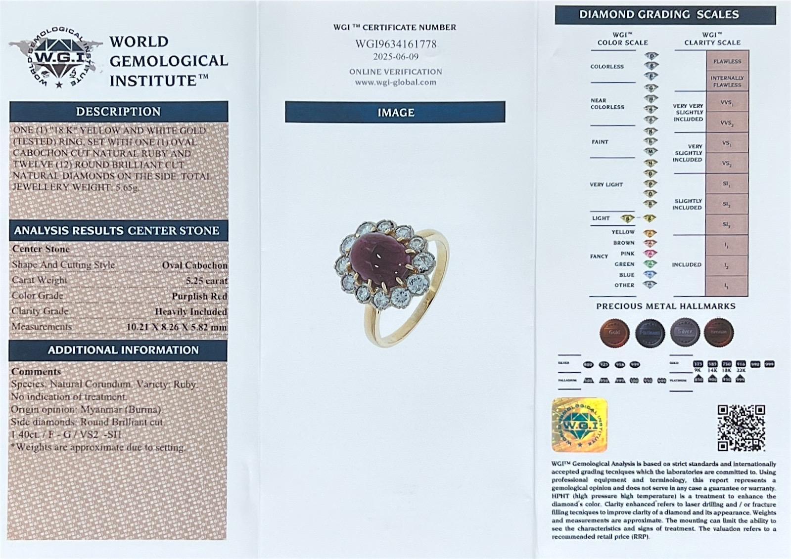 Cabochon Anello in oro 18 carati con rubino naturale cabochon e diamanti da 5,25 carati in vendita