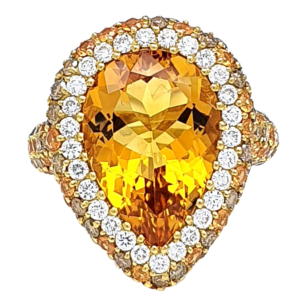 18K Gold Ring with Pear Shaped 0.83 Carat Citrine, Corund and Brown Diamonds For Sale