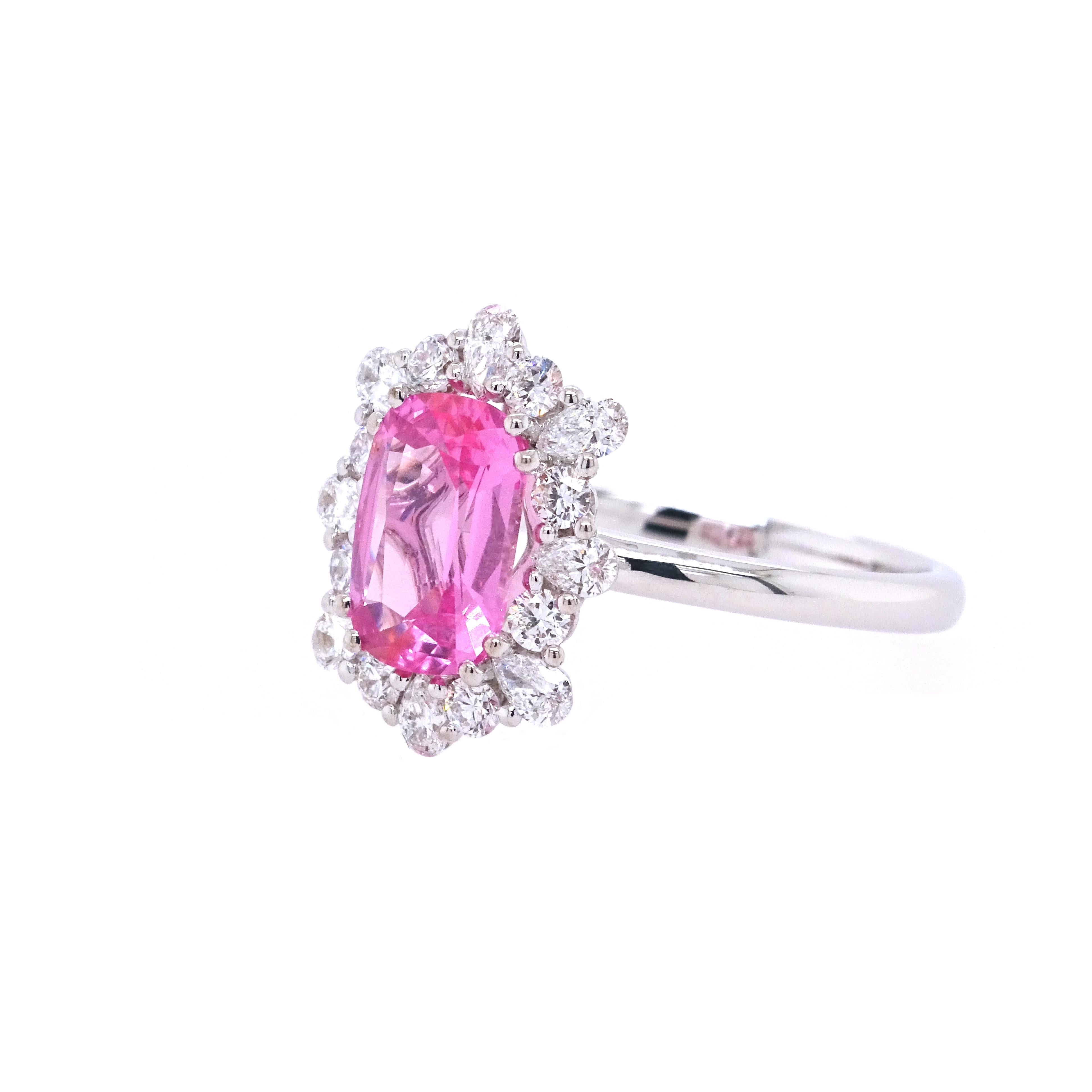 Introducing our exclusive and exquisite creation, a masterpiece born from collaboration with master gem cutter Alex Goncharoff. At its heart lies an unheated natural pink modified step-cut spinel sourced from Tanzania, exuding unparalleled beauty