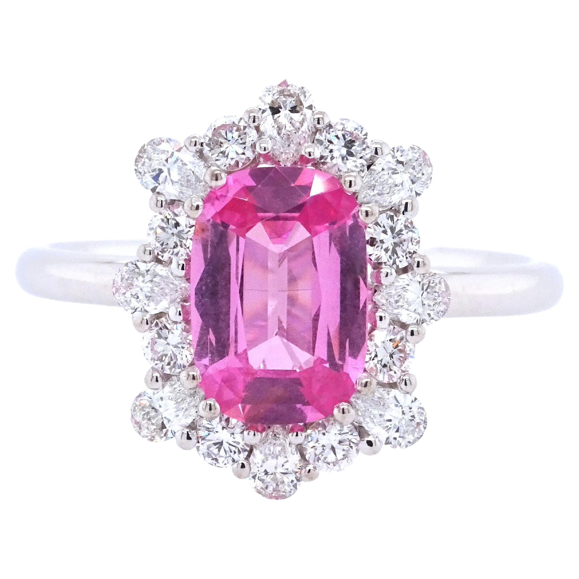 18K Gold Ring with Tanzanian Unheated Pink Spinel, Round and Pearshape Diamonds