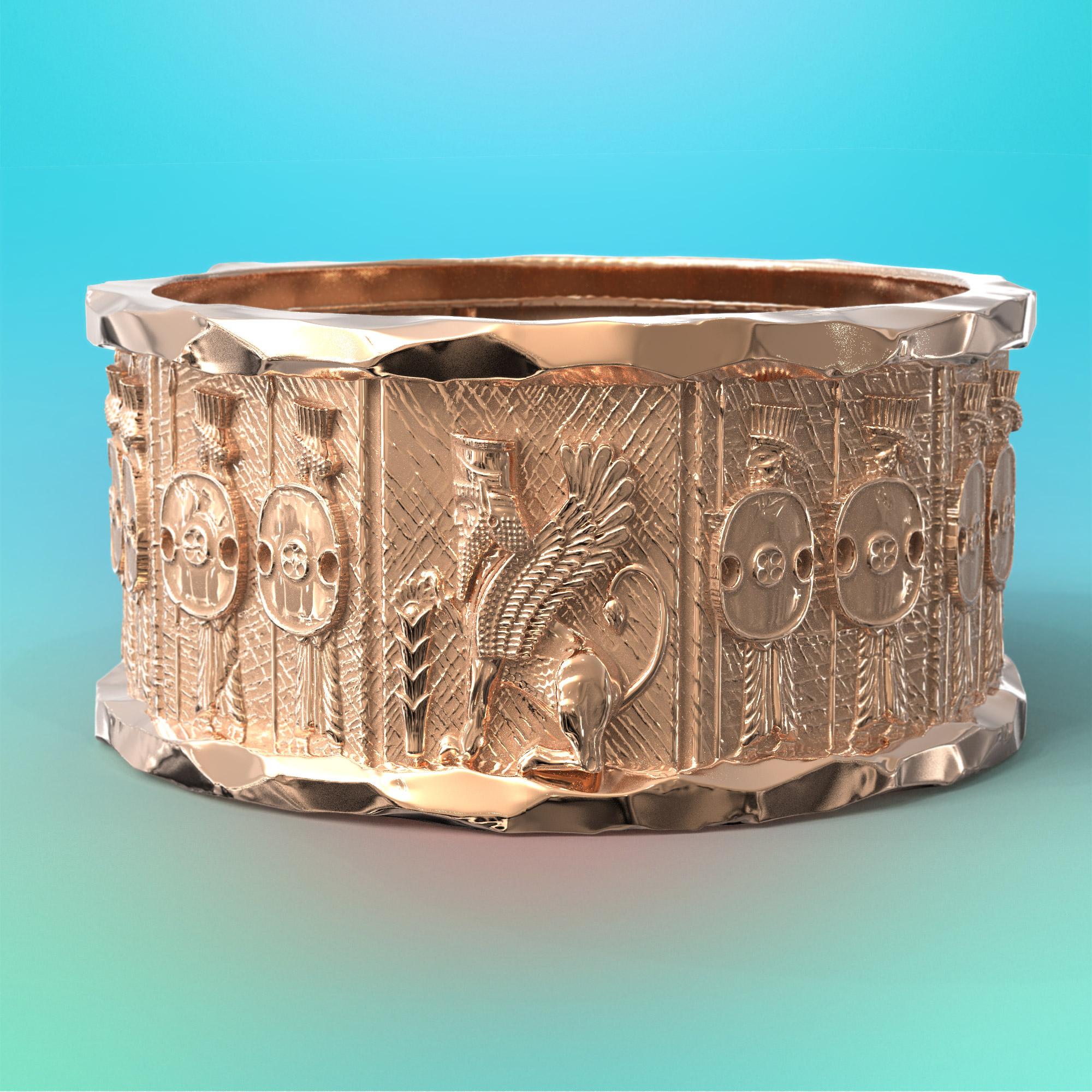 For Sale:  18k Gold Ring with Temple of Persepolis Bas-Reliefs, Jāwīdān Warriors 10