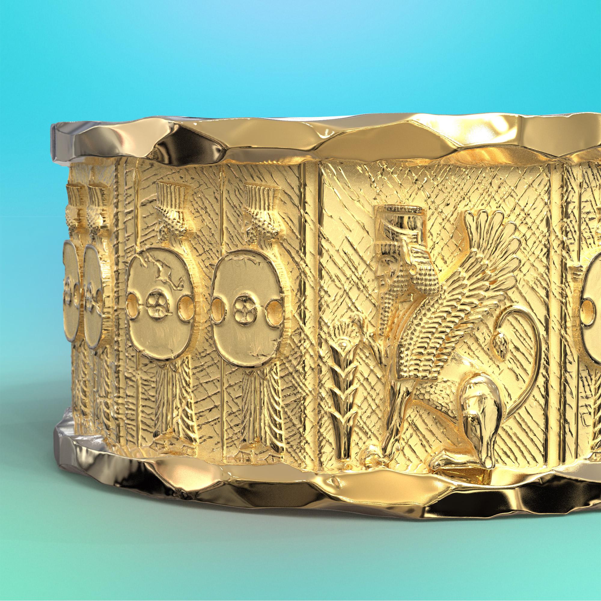 For Sale:  18k Gold Ring with Temple of Persepolis Bas-Reliefs, Jāwīdān Warriors 13