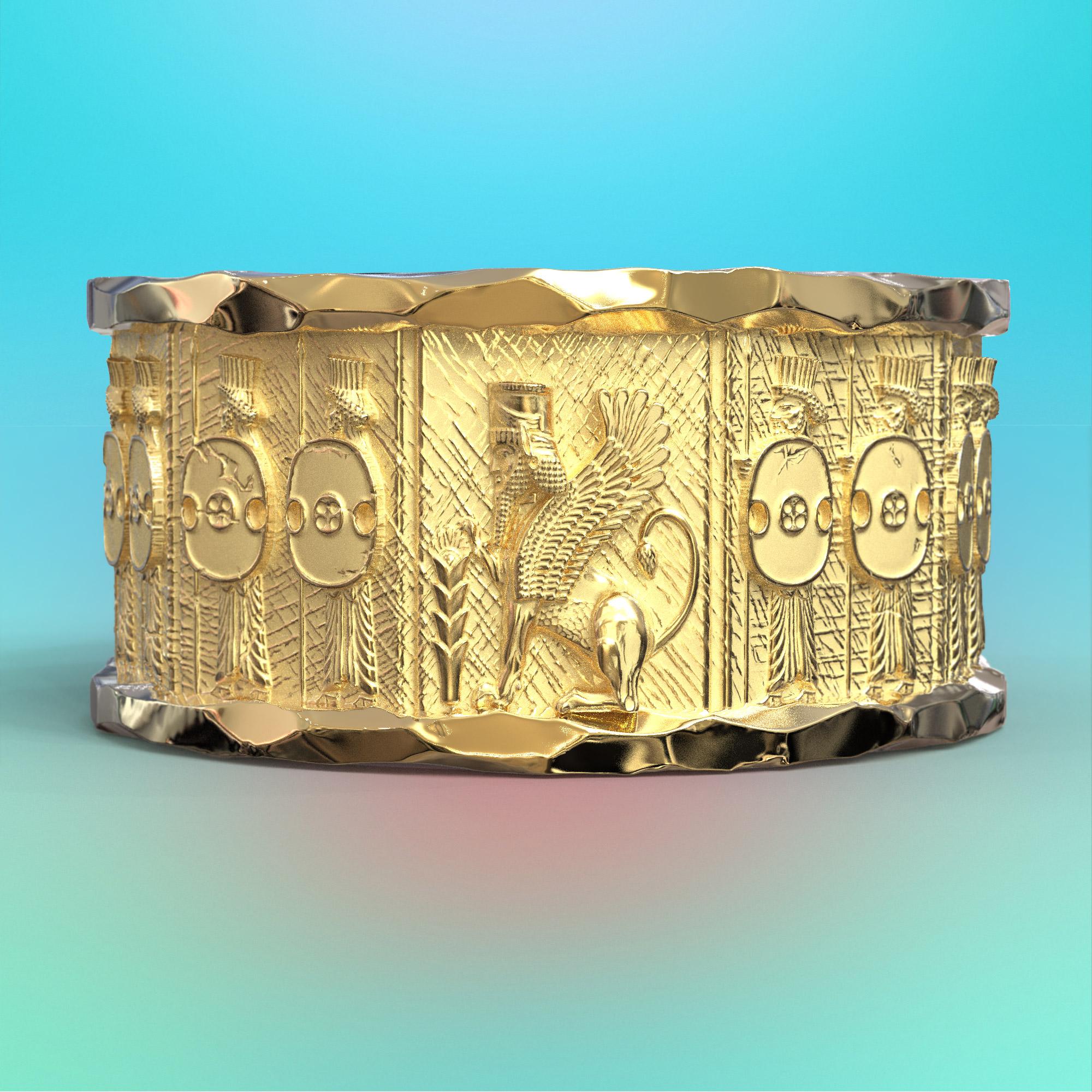 For Sale:  18k Gold Ring with Temple of Persepolis Bas-Reliefs, Jāwīdān Warriors 15