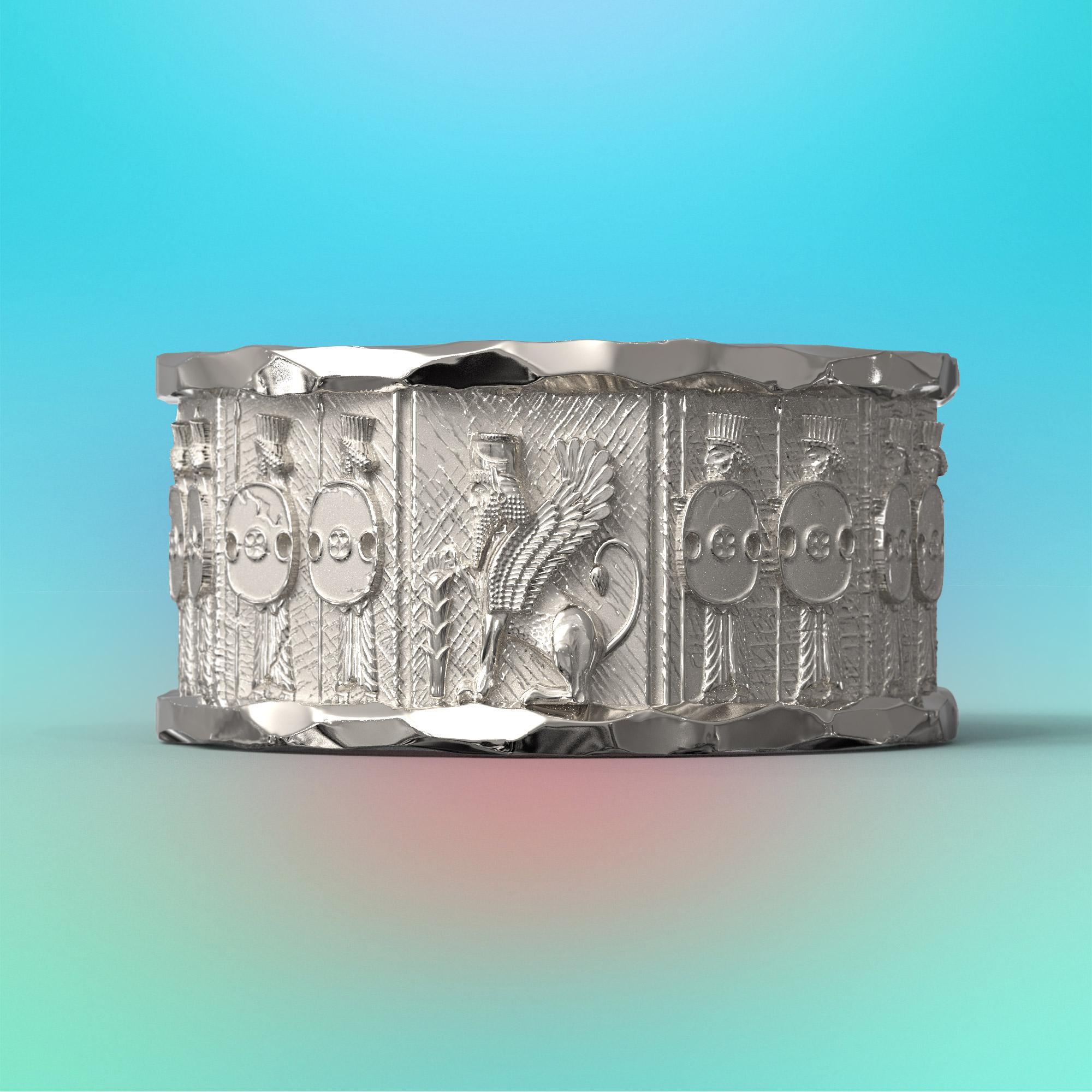 For Sale:  18k Gold Ring with Temple of Persepolis Bas-Reliefs, Jāwīdān Warriors 9