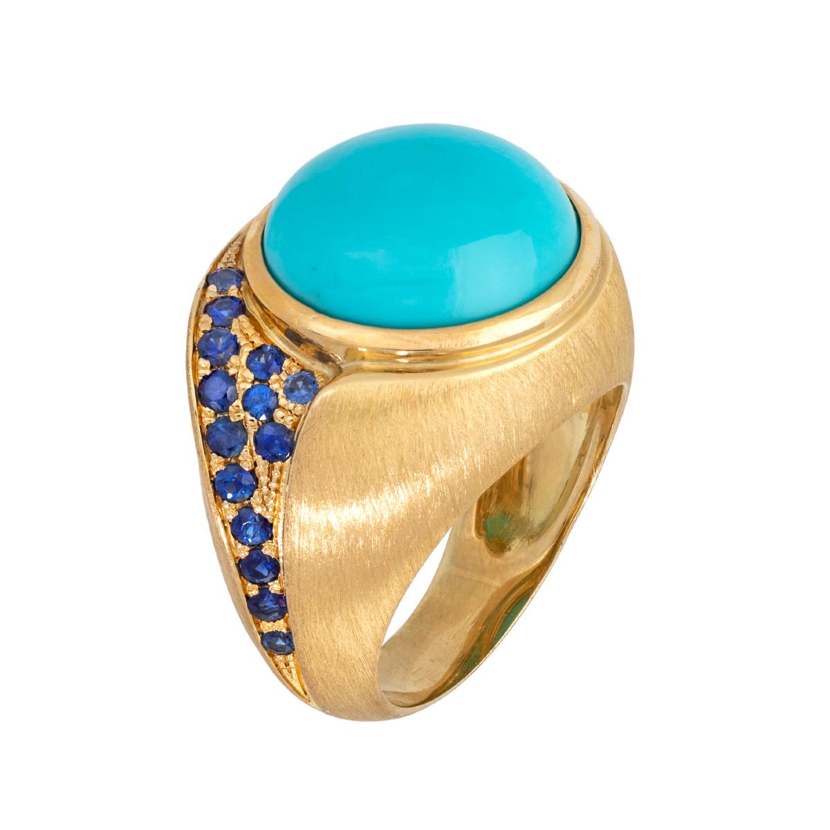 Contemporary 18k Gold Ring with Turquoise Stone and Blue Sapphires, by Gloria Bass For Sale