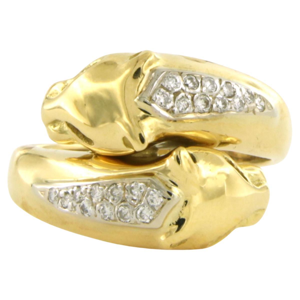 18k gold ring with two panther heads with brilliant-cut diamonds up to 0.20ct For Sale